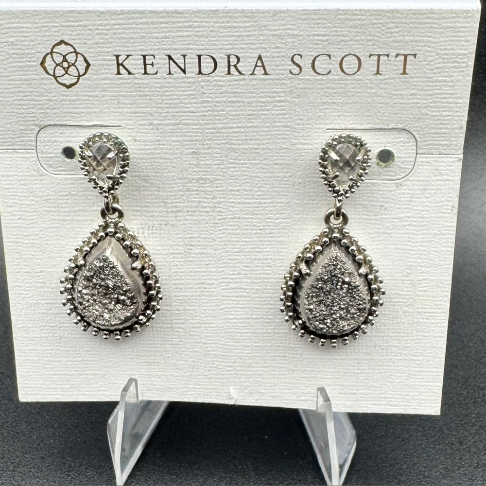 Kendra Scott Silver Druzy Teardrop Drop Earrings NWT